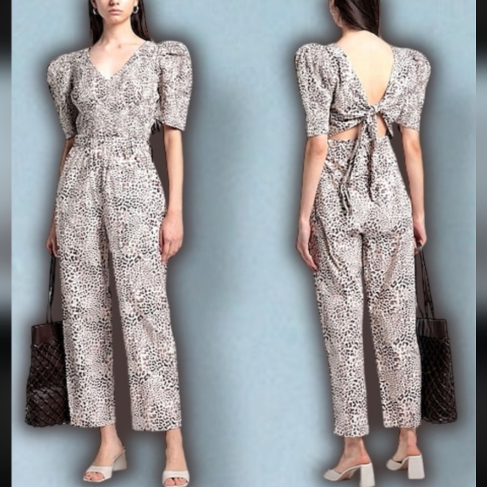 Sea New York Calla Cheetah Animal Ruched Balloon Cut Out Tan Jumpsuit Size 4